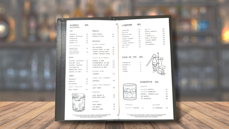 Impression d'un carte de bar, à Roissy près de Paris