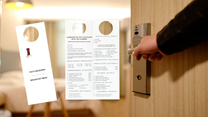 Création et impression d'un menu façon accroche porte, à Lamorlaye, dans l'Oise